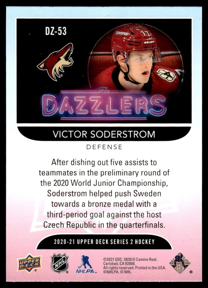 2020-21 Upper Deck Dazzlers GREEN Victor Soderstrom Arizona Coyotes #DZ-53 - Image 2 of 2