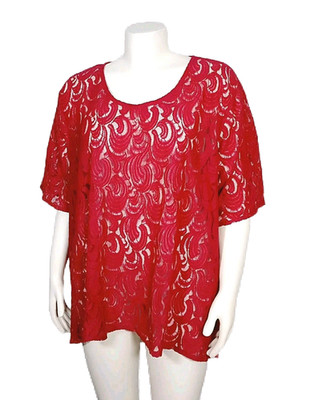 Catherines Tunic Womens Plus Size 3X Red Floral Lace Overlay Mesh High Low