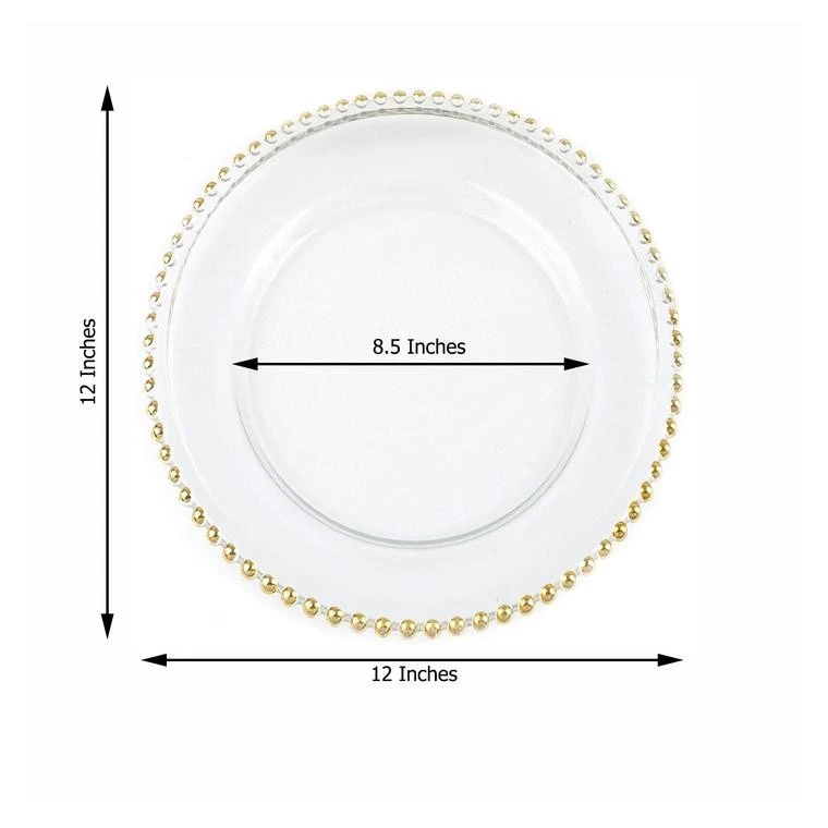 8件装12英寸玻璃充电器板金色串珠边缘婚礼派对餐饮桌出售 — 第 3/4 张图片