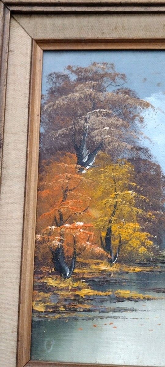 Vintage Framed Original Canvas Oil Painting Fall Lake Scene Signed