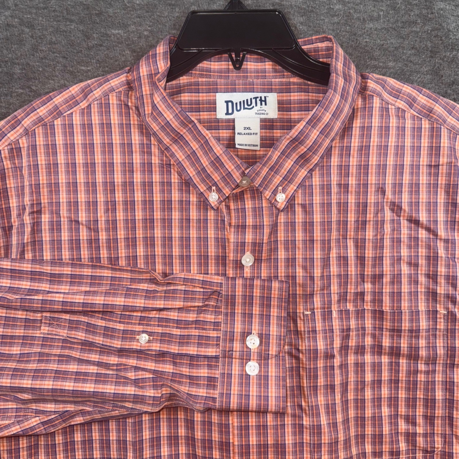 Duluth Trading Co Mens Plaid Button Down Shirt Relaxed Fit 2XL Peach Navy