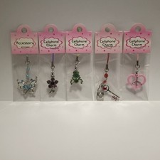 Set of 5 Cell Phone Charm Strap Dangle: Butterfly Flower Frog Lock  Key  Heart