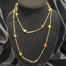 14K YELLOW GOLD - COLORFUL PUFFY LADYBUG STATIONED LONG NECKLACE /32" LONG
