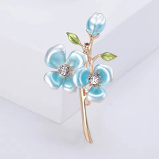 Blue Gold Enamel Rhinestone Flower Bouquet Brooch Floral Pin Summer Gift Jewelry