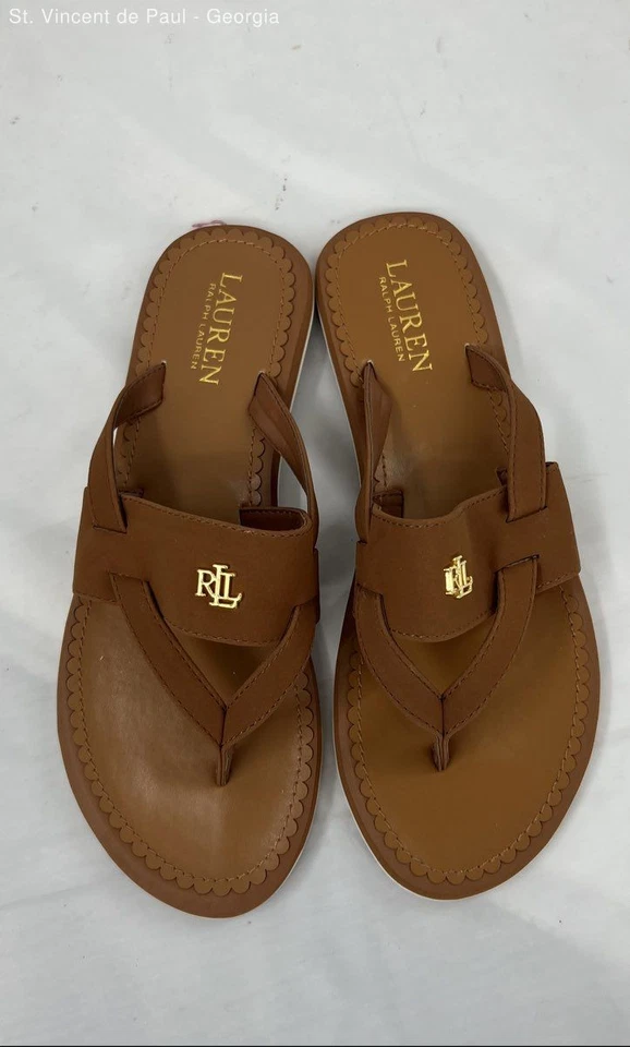 Sandalias chanclas Lauren Ralph Lauren Rosalind Cla de cuero sintético tostadas talla 8B nuevas Foto 4 de 4