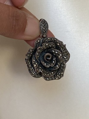 Alter Massiver 925 Silber Anhänger Rose mit Markasiten Gros Damen Schmuck