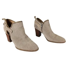 Franco Sarto Ankle Bootie sz 6.5 Women Taupe Perforated Suede Leather Block Heel