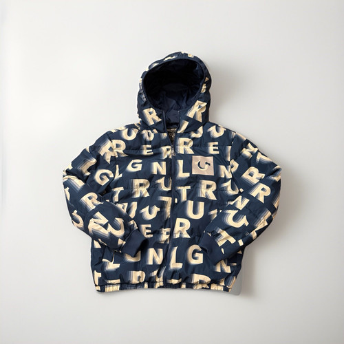 TRUE RELIGION PUFFER JACKET WITH HOOD SIZE L 100% AUTHENTIC All Over Print NWOT - Picture 1 of 8