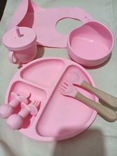 Pink 8 Pcs Baby Feeding Set Silicone Led Weaning Supplies Cup Bowl BPA Free