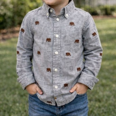 Janie and Jack Toddler 3 Boys Gray Bear Embroidered Button Down Brushed Shirt #4