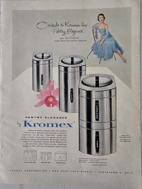 1958 Mid Century Kromex Pantry Elegance Aluminum Canister Set Vintage Ad 
