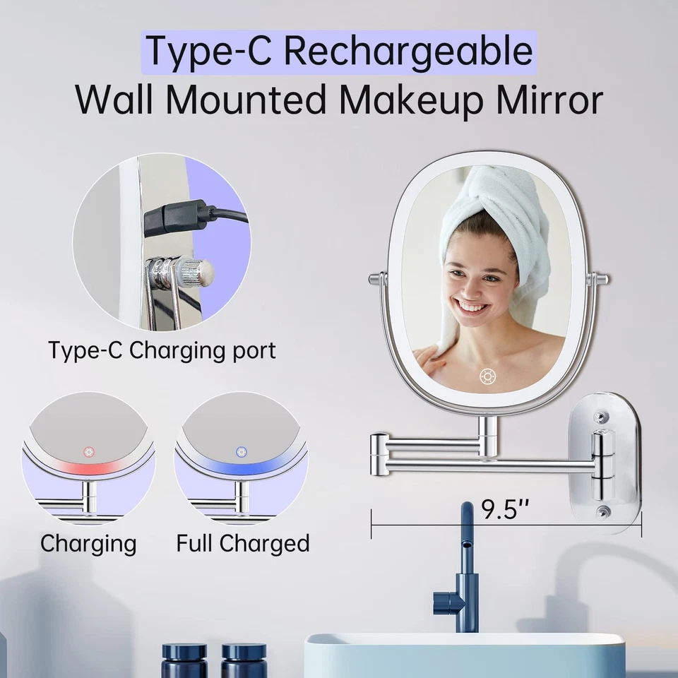 FUNTOUCH Specchio da trucco ricaricabile illuminato da parete specchio - Immagine 3 di 4