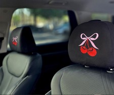 2pc Cherry Bow Car Headrest Covers Coquette Aesthetic Girly Interior Decor Black