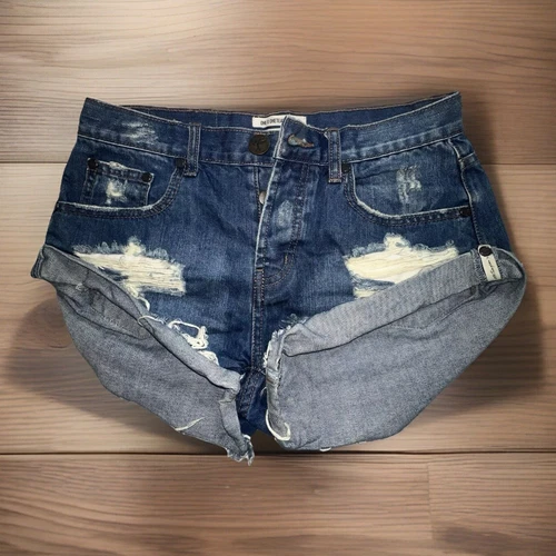 One x One Teaspoon Bandits Distressed Cut Off Boho Festival Denim Shorts Size 25