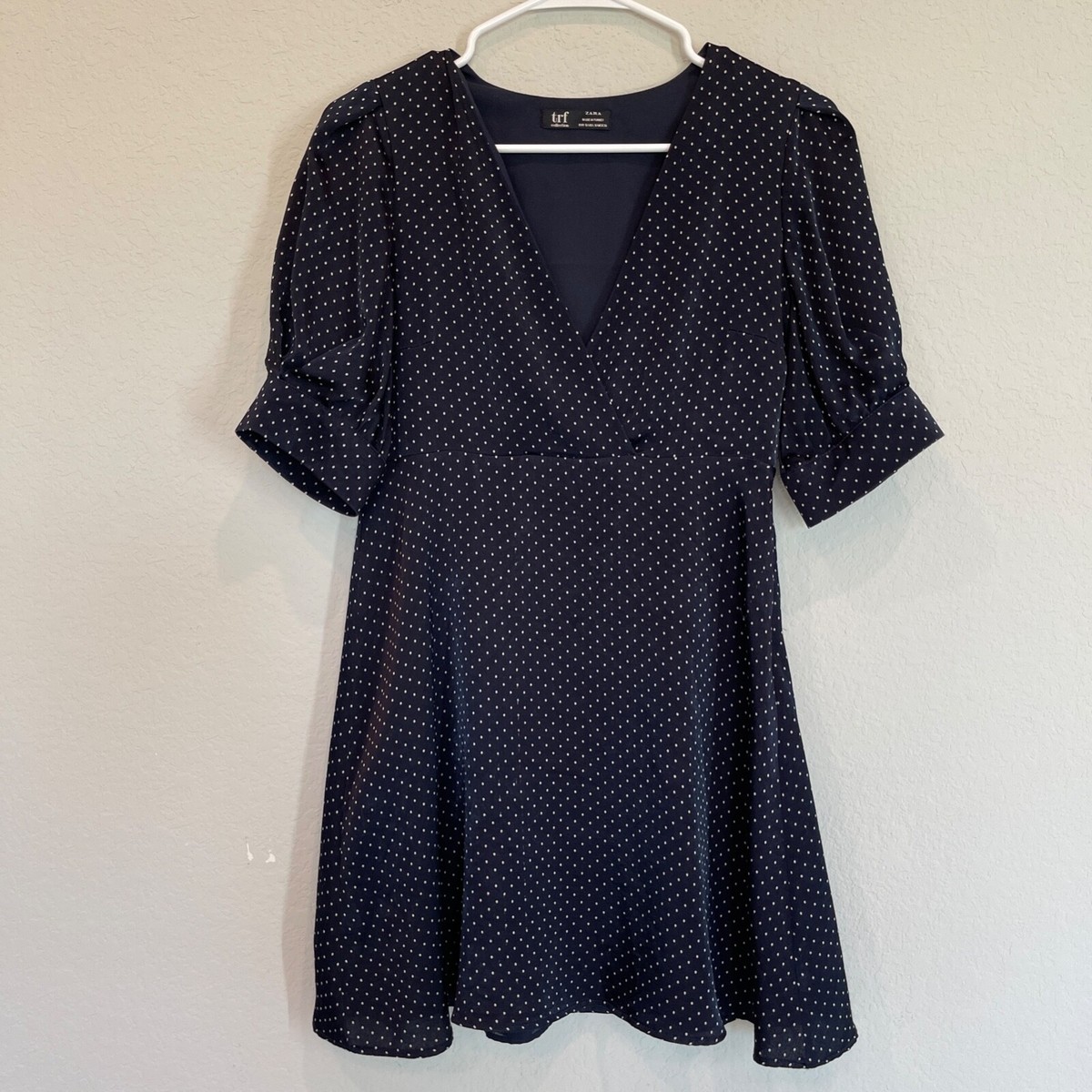 Zara Women's Size S Mini Dress Polka Dot Puff Sleeve Blue White