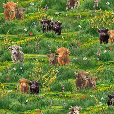 Highland Hooves, Highland Green Highland Calves Fabric 44'' Wide BTY