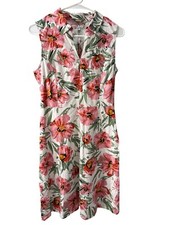 T Tahari White and Pink Floral Sleeveless Linen Blend Midi Dress Size 4, EUC