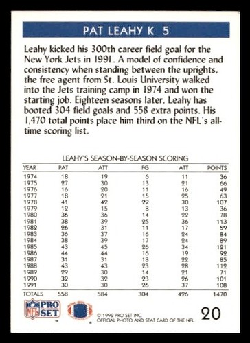1992 Pro Set FACT Mobil #20 Pat Leahy New York Jets - Picture 2 of 2