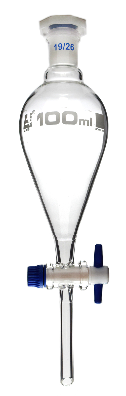 Eisco 100ml Separatory Funnel, Squibb, PTFE Stopcock, 19/26 - Borosilicate Glass