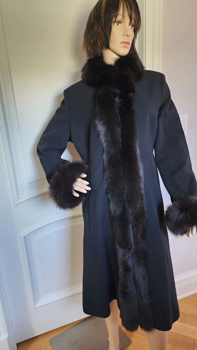 Marvin Richards Coat Size 14 Womens Black Wool Cashmere Fox Trim Fur Long |  eBay