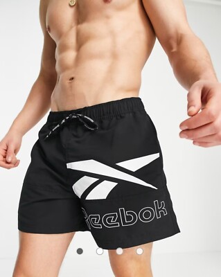 Reebok Herren Retro Badehose Boardshorts Logo Print Schwarz Größe Medium