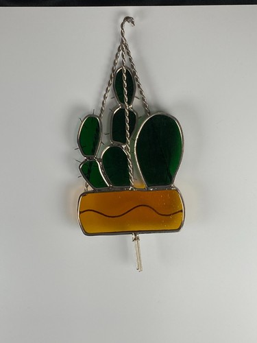 Vintage Stained Glass Desert Cacti Cactus Flower Pot Suncatcher Window Ornament