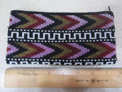 Beaded Makeup Purse Handmade (Mexico) Evening Bag 8''X4'' Black Pink Gold Giftable