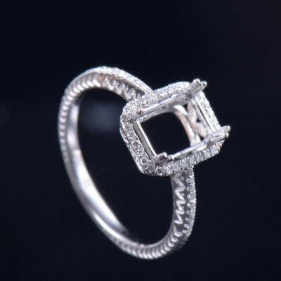 Simple Emerald Cut 6x8MM Natural Diamond Semi Mount Ring Solid 18K White Gold
