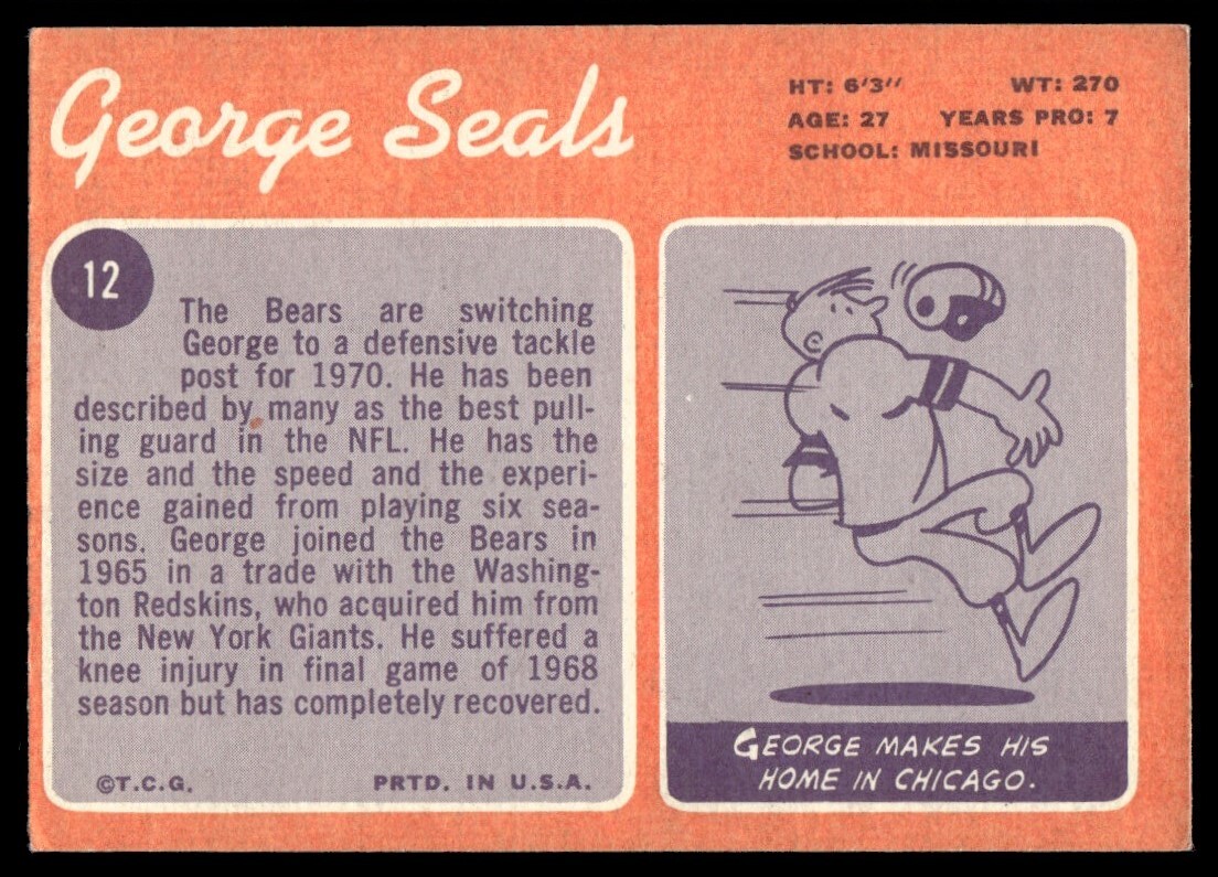 1970 Topps Football Card George Seals RC Chicago Bears #12 EX | eBay