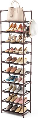 10 Tiers Tall Shoe Rack 20-25 Pairs Boots Organizer Storage Sturdy 10, Brown 