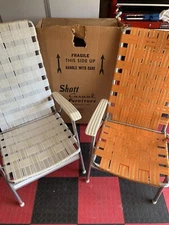 2 Vintage Folding Aluminum webbed lawn chairs beach patio High Back