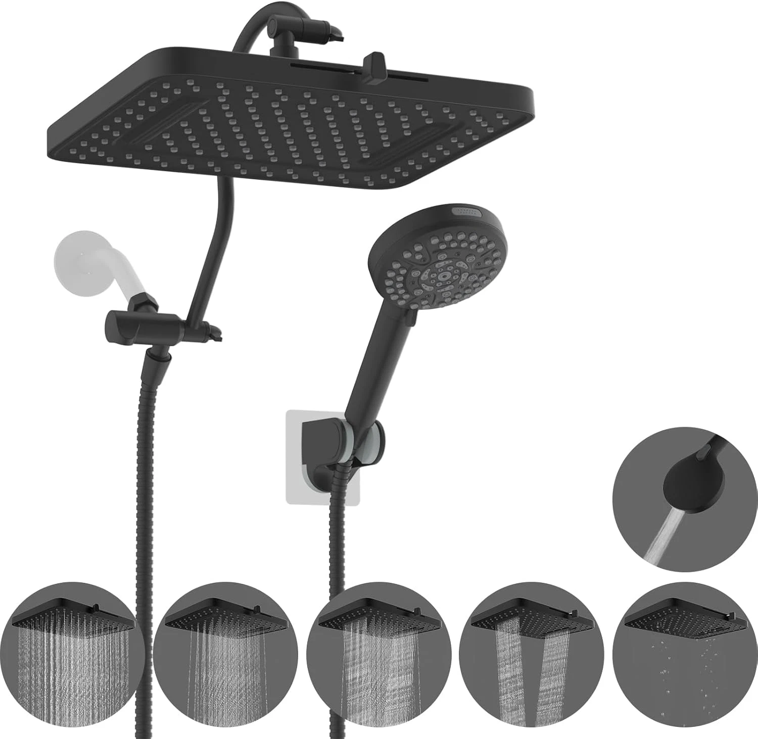 High Pressure 5-Spray Rainfall Shower Head with Handheld Combo - Matte Black