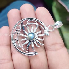 Blue Fire Labradorite Gemstone 925 Sterling Silver Handmade Moon Pendant/p-454