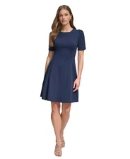 Dkny Women's Button-Detail Short-Sleeved Fit & Flare Dress, Navy, 8