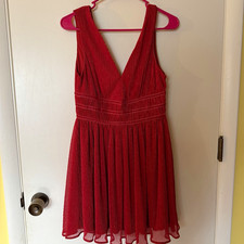 Lulus Womens Red Metallic Pleated V-Neck Sleeveless Fit & Flare Dress S