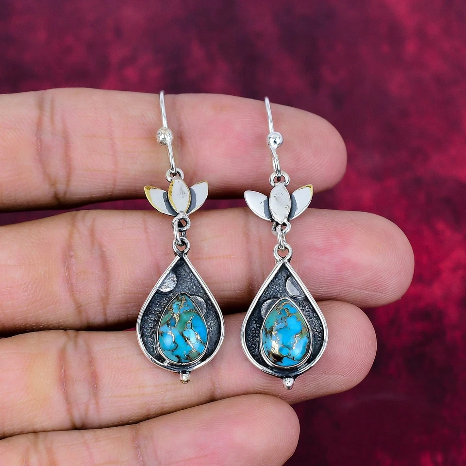 Pendientes de plata de ley 925 hechos a mano con piedras preciosas turquesa cobre azul joyería Foto 3 de 4
