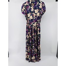 Chaps Dress Womens Large Floral Navy Blue Button Front Belted Maxi Short Sleeve