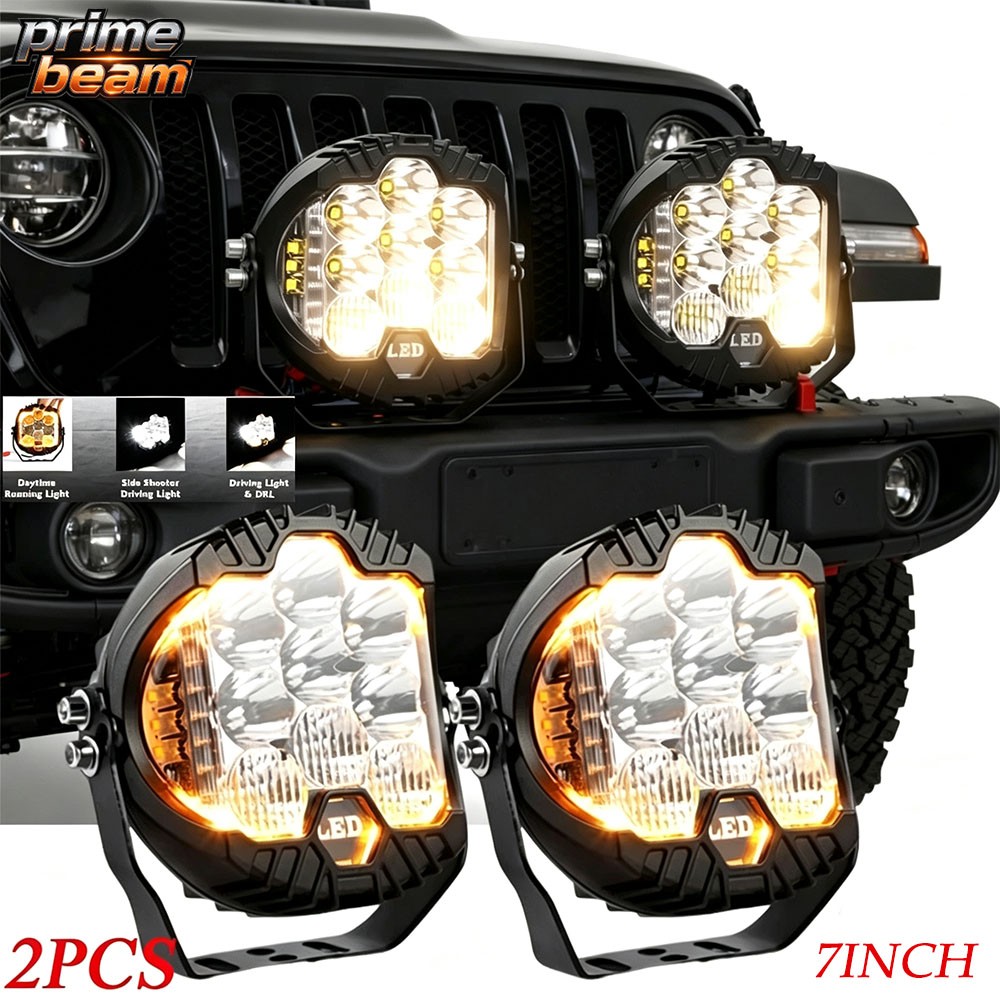 2PCS 7" inch Round LED Work Lights Bar Amber DRL Pods Fog Lamp Offroad Driving