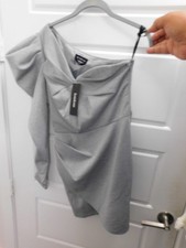 New Bebe Dress Silver Jacquard Puff Shoulder One Shoulder Mini Dress $168rt Sz S