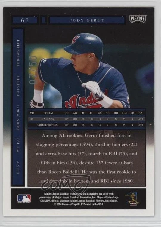 2004 Playoff Honors Credits Silver /50 Jody Gerut #67 - Image 2 of 2