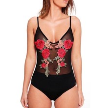 Floral Mesh Bodysuit Women Color Black Size L