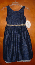 American Princess Blue Lace, Gold and Pearl-Embellished A-Line Girls Gown 10