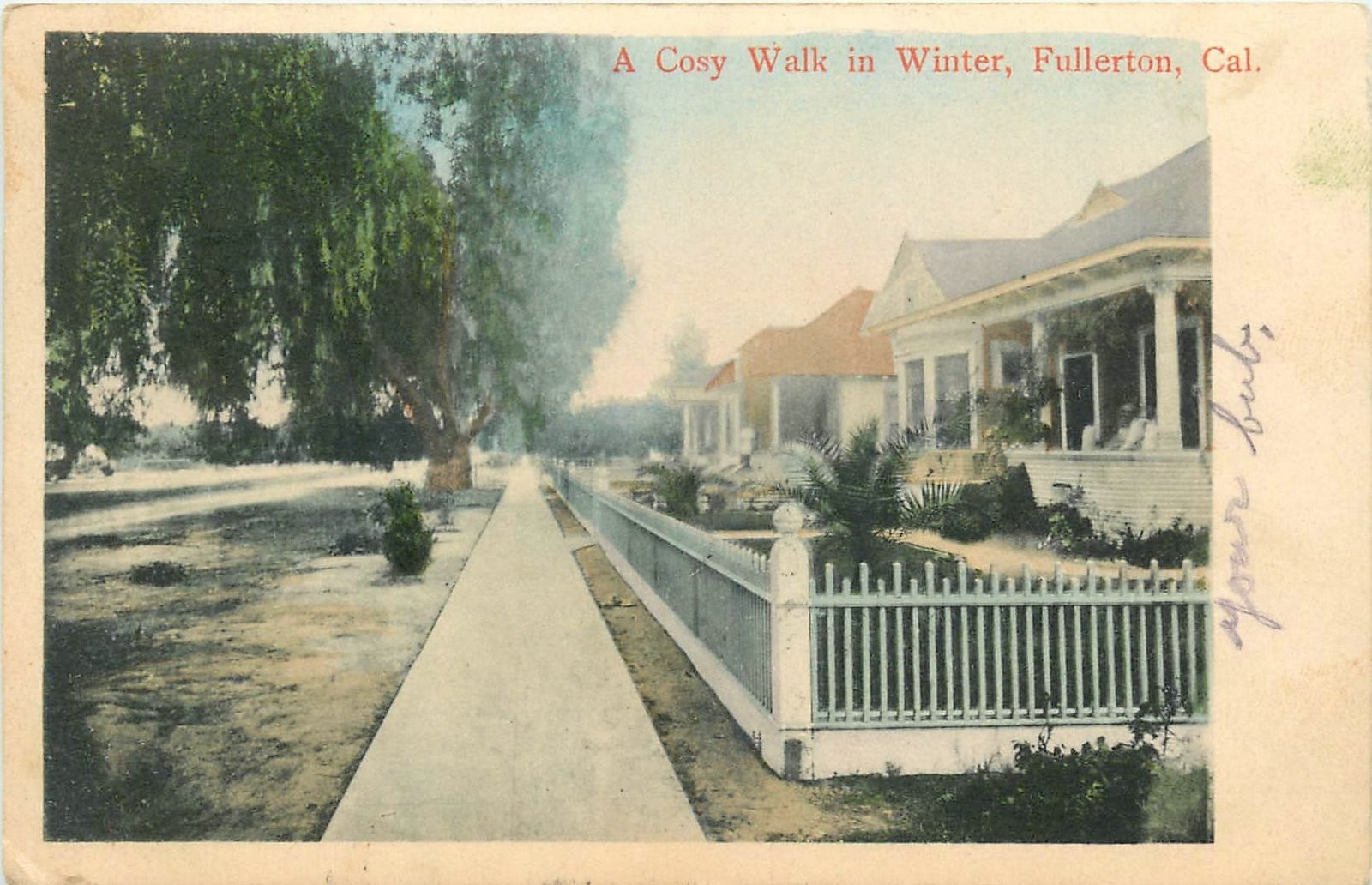 1907 Fullerton California Cozy walk winter hand colored Rieder Postcard 25-9138