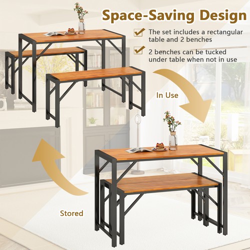 3 PCS Dining Set for 4 People Outdoor Picnic Table & 2 Benches w/ Metal Frame - Picture 9 of 10