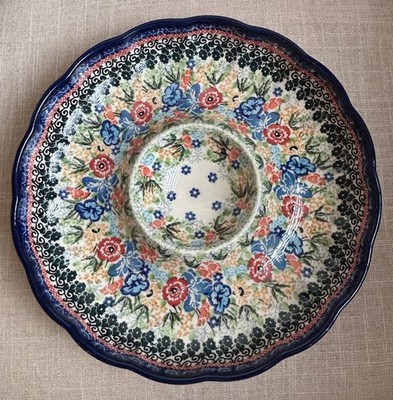 Polish Pottery UNIKAT 3311 Blue Floral Handmade Stoneware Chip N Dip Server 10 