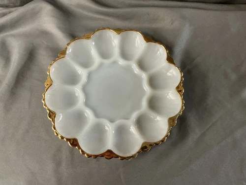 Vintage Anchor Hocking Milk Glass Deviled Egg Plate w/Gold Trim/Edging