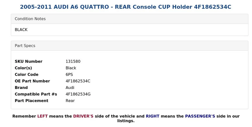 2005-2011 AUDI A6 QUATTRO - Console traseiro suporte CUP 4F1862534C - Imagem 4 de 4