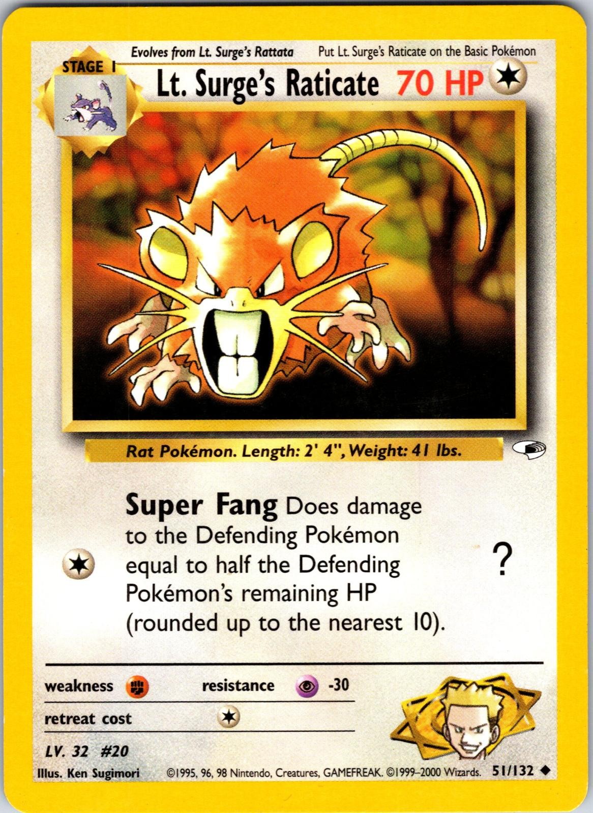 Lt. Surge's Raticate 51/132 Uncommon Gym Heroes Pokemon Unlimited Lightly Played