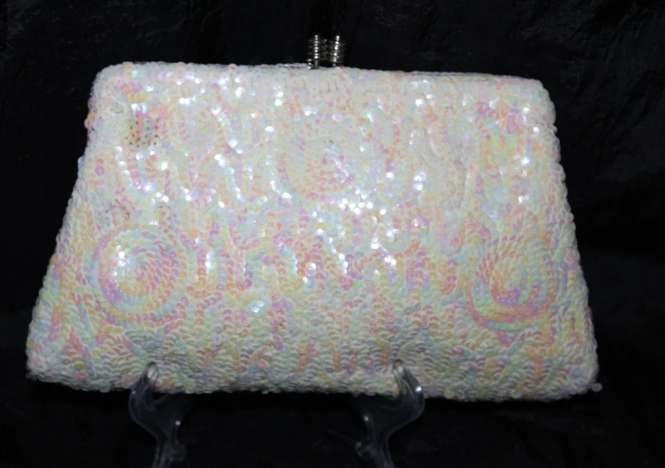 Bolso de Mano Ed B Robinson Vintage Blanco Lentejuelas Noche Hecho en Francia Foto 2 de 4