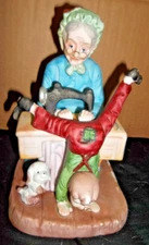 Vintage Artmark Ceramic Figurine Old Lady at Sewing Machine Little Boy and Dog